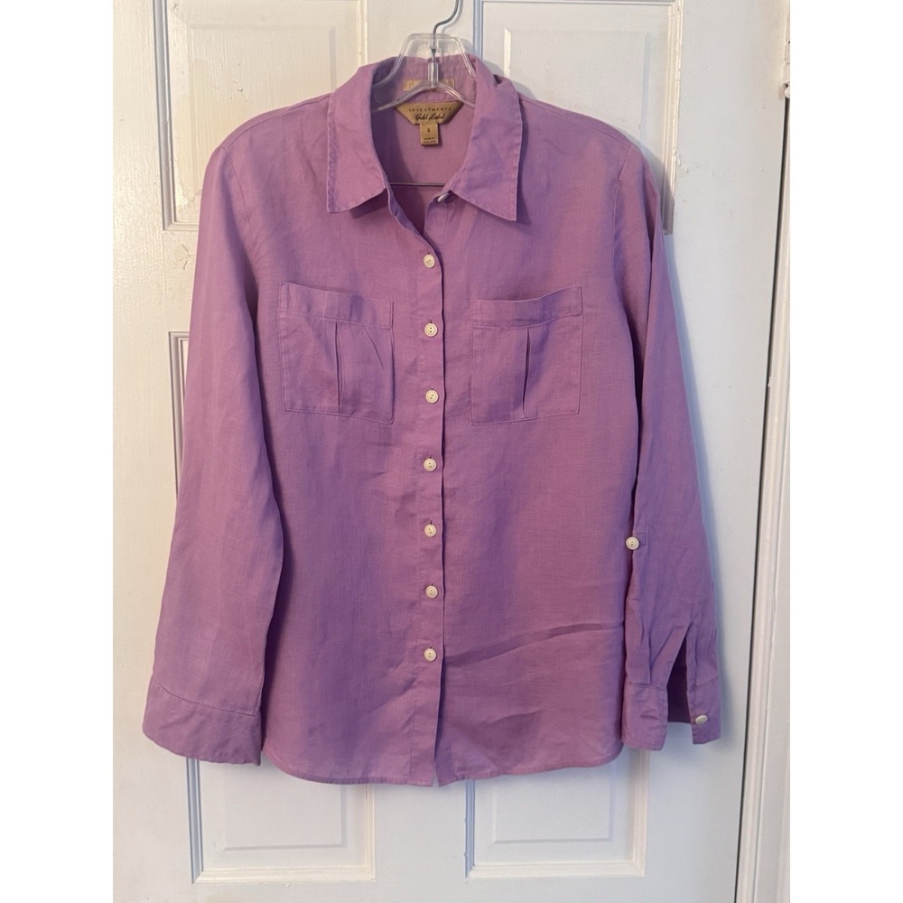 Investments Purple Linen Non Iron Button Down Roll Tab Blouse Sz 6 Resort